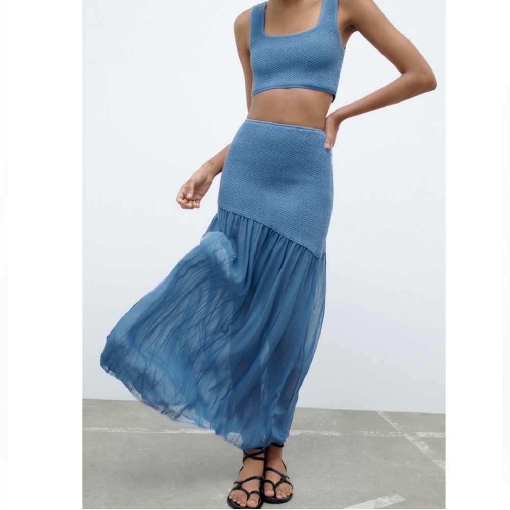 NWT 2 Piece Set Zara Blue Contrasting Texture Knit Maxi Skirt Crop Top L XL